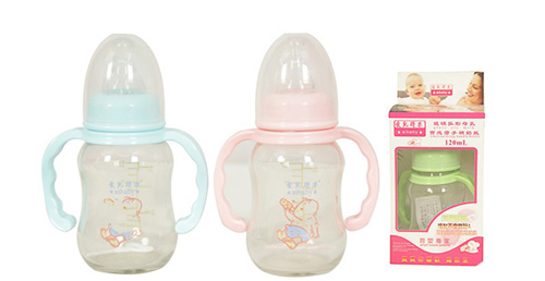 愛(ài)兒得樂(lè)120ml標(biāo)口弧形帶把柄玻璃奶瓶