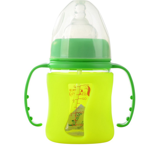 矽利康有手柄寬口玻璃奶瓶120ml