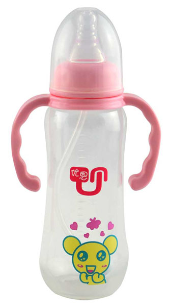 優(yōu)恩粉色標口帶手柄PP奶瓶240ml