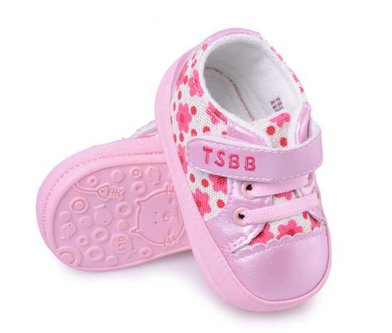 天使之嬰印花布+PU幼兒學(xué)步鞋粉紅