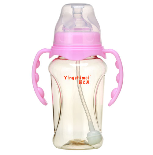嬰之美寬口雙耳自動圓弧形PPSU奶瓶270ML粉色