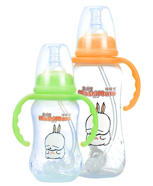矇矇兔標(biāo)口弧形帶柄PP奶瓶