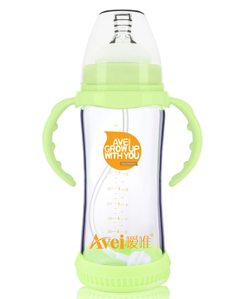 噯唯寬口徑帶柄自動(dòng)高硼硅玻璃奶瓶(260ml)(帶安全硅膠套)