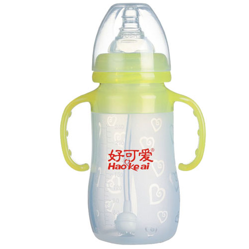 好可愛(ài)雙柄自動(dòng)吸管寬口弧形硅膠奶瓶240ml