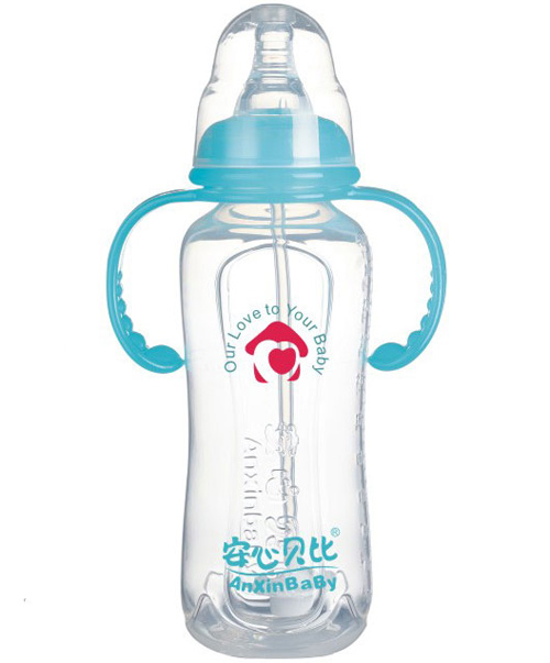 安心貝比雙柄標(biāo)口自動吸管弧形奶瓶330ml