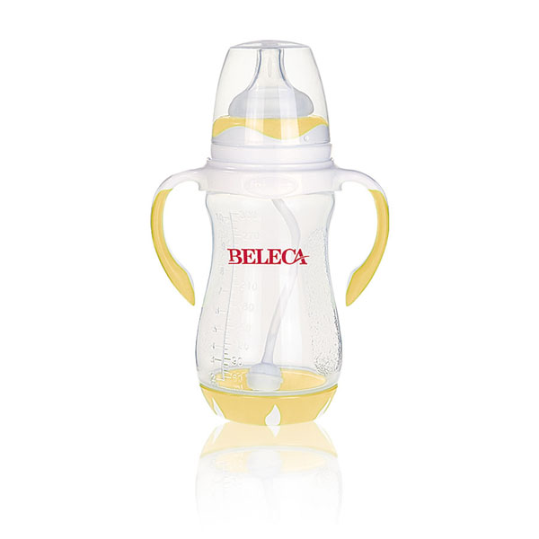 貝樂嘉黃色雙柄帶吸管易把握嬰兒PP奶瓶