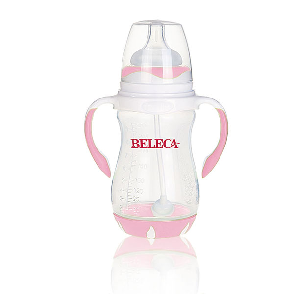 貝樂嘉粉色雙柄帶吸管全自動嬰兒奶瓶