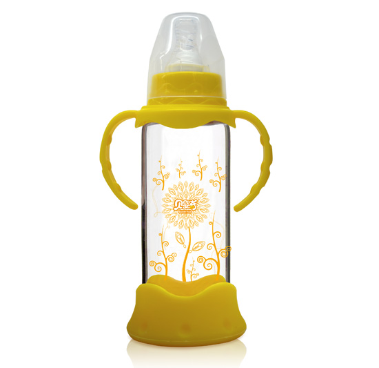 貝嬰奇240ml防爆感溫標(biāo)口晶鉆玻璃奶瓶-黃