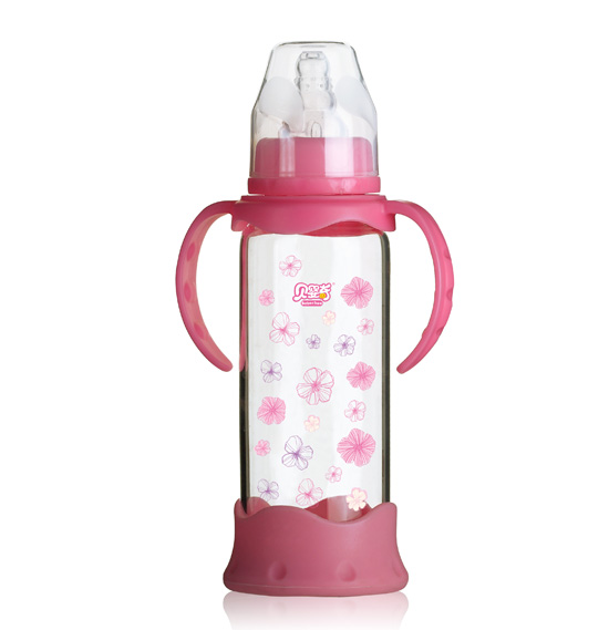貝嬰奇240ml防爆感溫標(biāo)口晶鉆玻璃奶瓶-粉色
