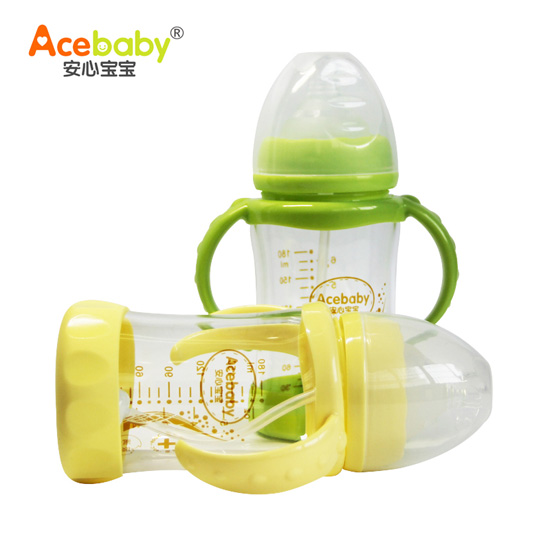 安心寶寶180ml防摔雙耳自動高硼硅玻璃奶瓶黃色綠色豎裝