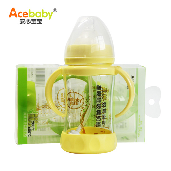 安心寶寶180ml防摔雙耳自動高硼硅玻璃奶瓶黃色綠色盒裝
