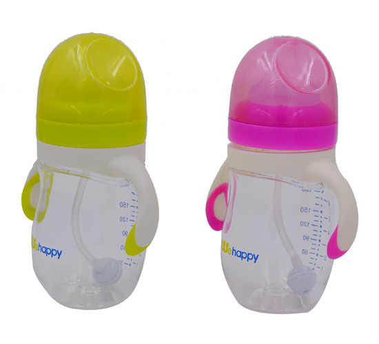 220ML超寬口徑安撫型硅膠奶瓶綠色紅色帶把