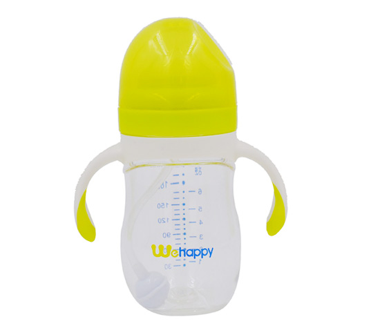 220ML超寬口徑安撫型硅膠奶瓶綠色帶把