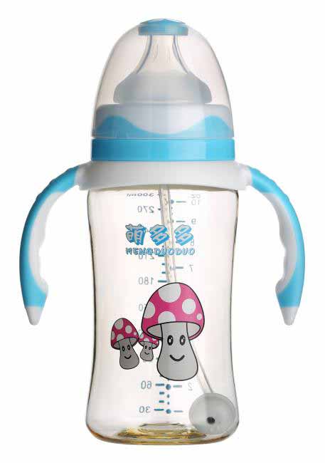 萌多多PPSU寬口300ml雙色蘭白手柄自動奶瓶