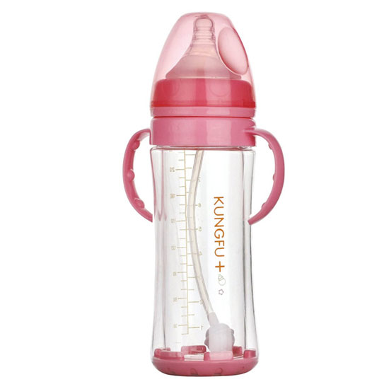 功夫寶貝晶鉆玻璃寬口防摔自動小奶瓶紅色