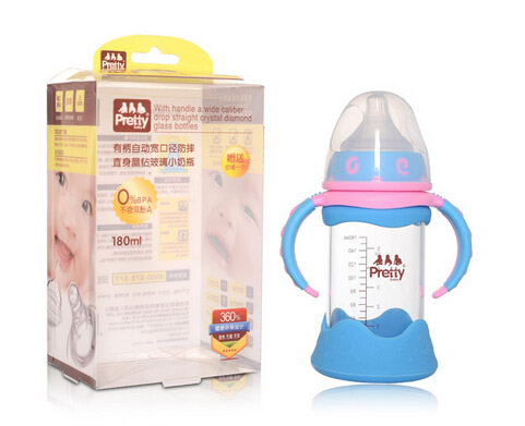 prettybaby有柄自動(dòng)寬口徑防摔直身晶鉆玻璃小奶瓶180ML