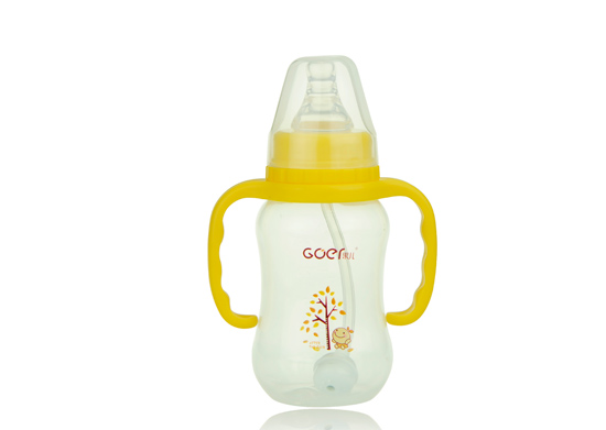 果兒180ML標(biāo)口PP弧型自動(dòng)吸奶瓶黃色
