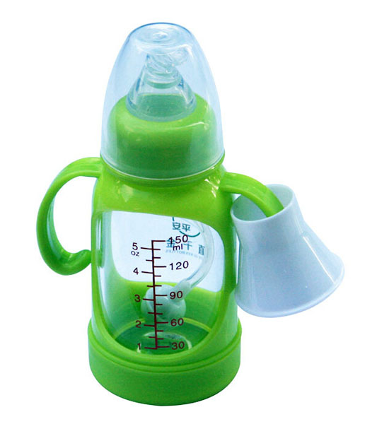 Happy100奶瓶帶手柄防摔玻璃奶瓶綠色
