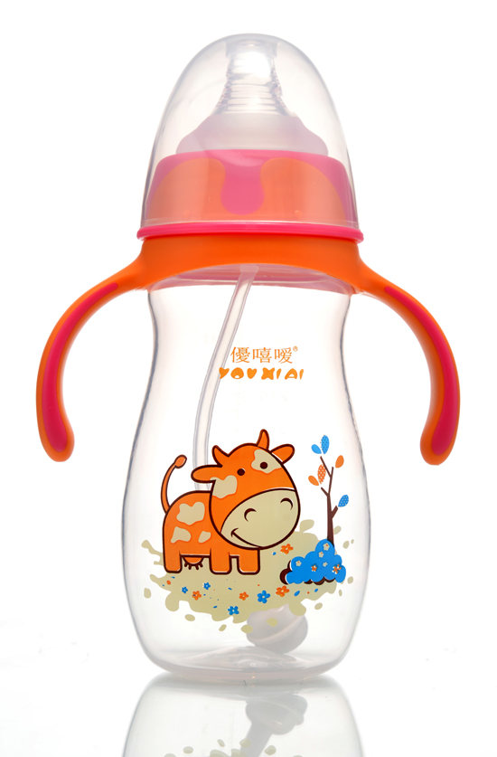 優(yōu)嘻噯炫彩PP寬口自動奶瓶330ml橙黃色