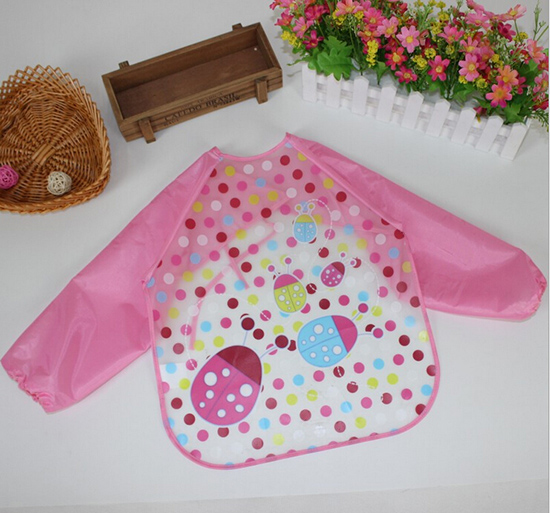 嬰兒EVA免洗吃飯衣圍兜圍嘴長袖粉瓢蟲