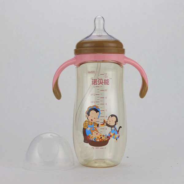 諾貝能嬰幼兒奶瓶帶柄粉色猴子圖案