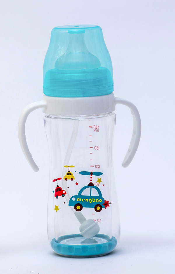 盟寶雙層抗摔玻璃奶瓶不透明蓋-藍(lán)色