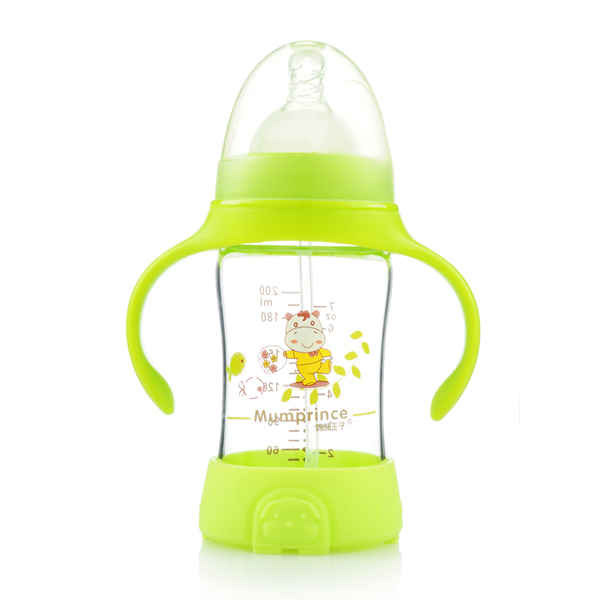 媽咪王子防摔晶鉆玻璃自動(dòng)吸寬口200ml奶瓶 綠色