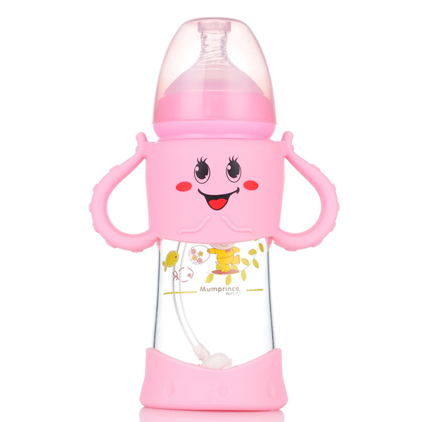 媽咪王子寬口晶鉆玻璃自動(dòng)吸卡通奶瓶260ml 粉色