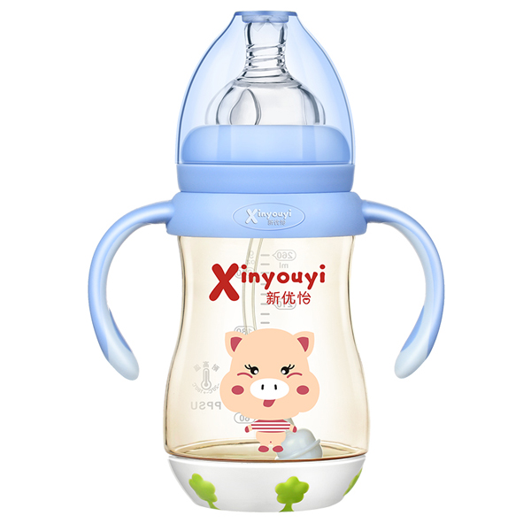 新優(yōu)怡寬口弧形帶底座有柄自動ppsu奶瓶260ml 藍色